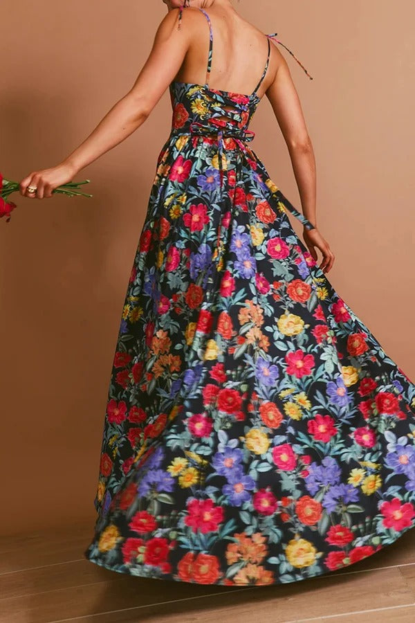 Garden Wedding Floral Print Back Tie-up Pocketed Slit Maxi Dress