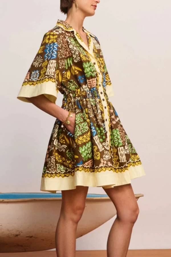 Vintage Geometric Print Waist Cinched Shirt Mini Dress
