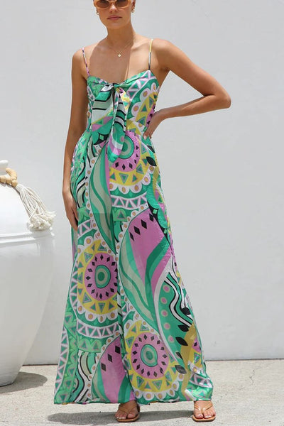 Unique Printed Suspender Back Pleated Pocket Wide-leg Jumpsuit