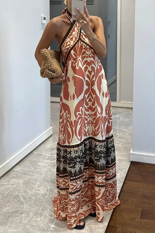 Criss Cross Halter Open Back Printed Maxi Vacation Dress