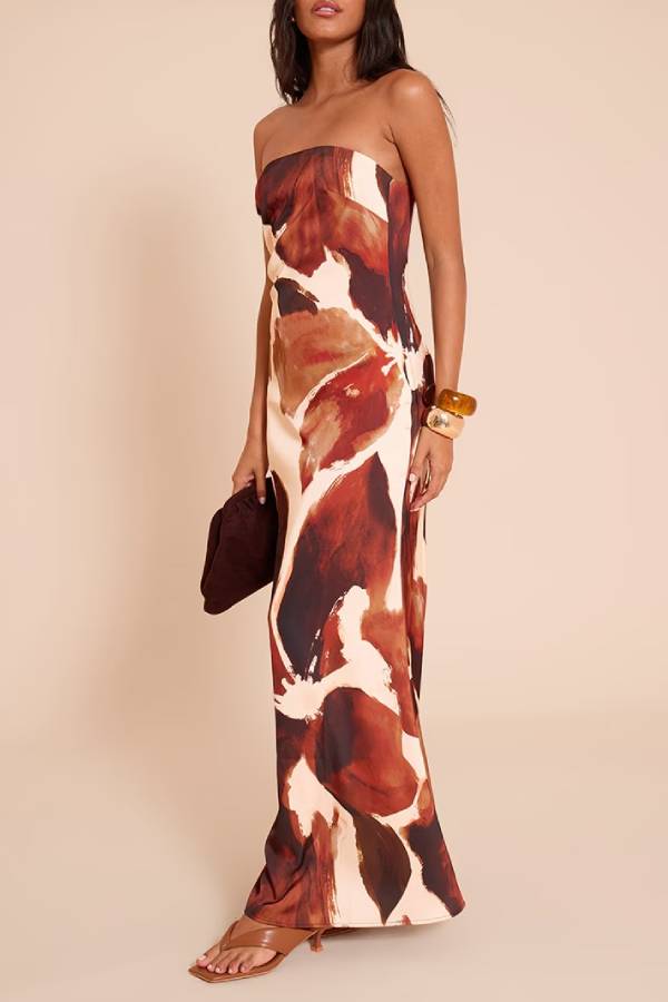 Strapless abstract print maxi dress
