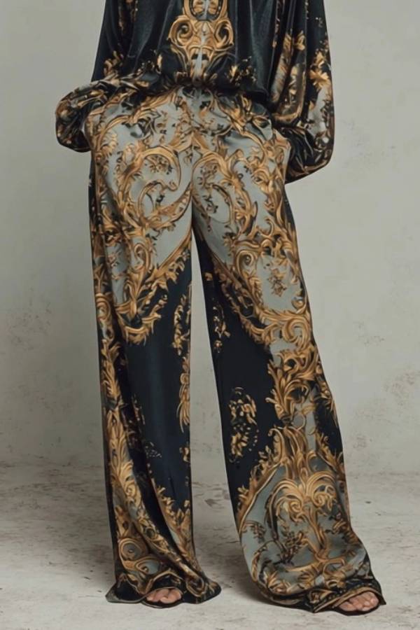 Retro Baroque Print High-Waisted Wide-Leg Pants