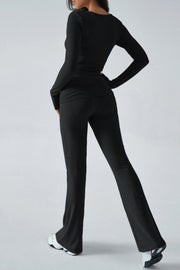 Women's Solid Color Simple Long Sleeve V-Neck Top And Trousers Knit Two-Piece Set