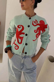 Coastal Fashion Knit Octopus Graphic Contrast Piping Button Up Loose Cardigan