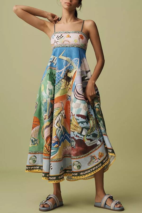 ALÉMAIS Lucky Pace Shirred Linen Midi Sun Dress