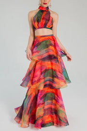 Playful Silhouette Tulle Aquarelle Print Crop Tank and Tiered Maxi Skirt Set