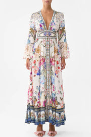 Printed V-neck Long-sleeved Puff Sleeve Waist Maxi Dress