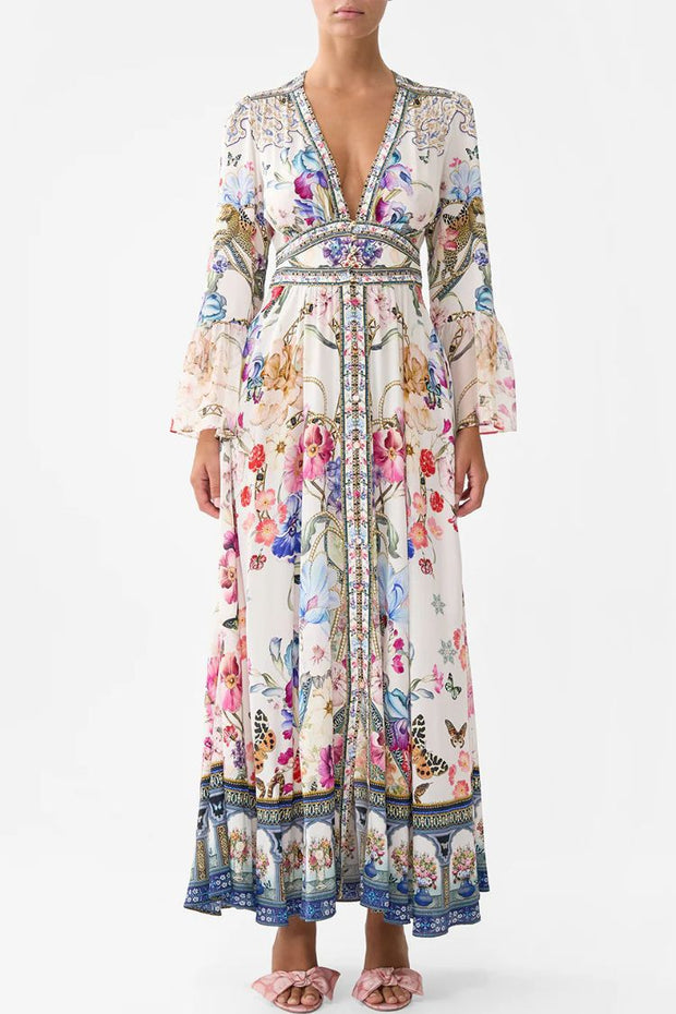 Printed V-neck Long-sleeved Puff Sleeve Waist Maxi Dress