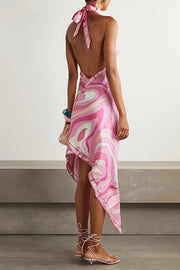 Meet At Beach Satin Unique Print Halter Tie-up Neck Irregular Hem Vacation Midi Dress