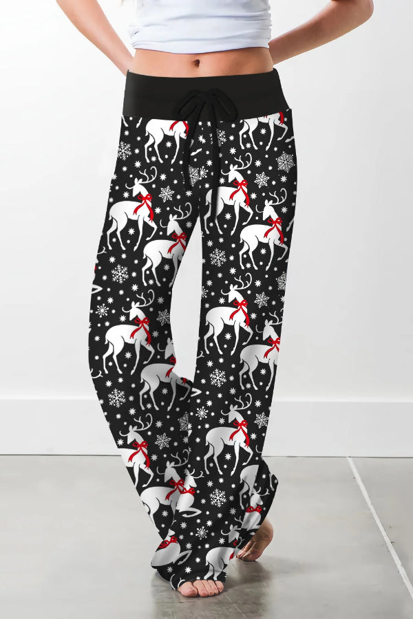 Christmas Drawstring Elk Print Wide Leg Pants