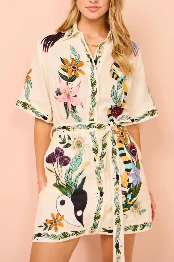 Floral Print Mini Dress Short Sleeve Shirt Dress