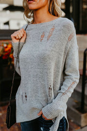 Crewneck Side Split Ripped Comfy Sweater