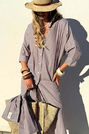 All-match Striped Button Up Half Sleeve Belted Pocket Shirt Midi Dress