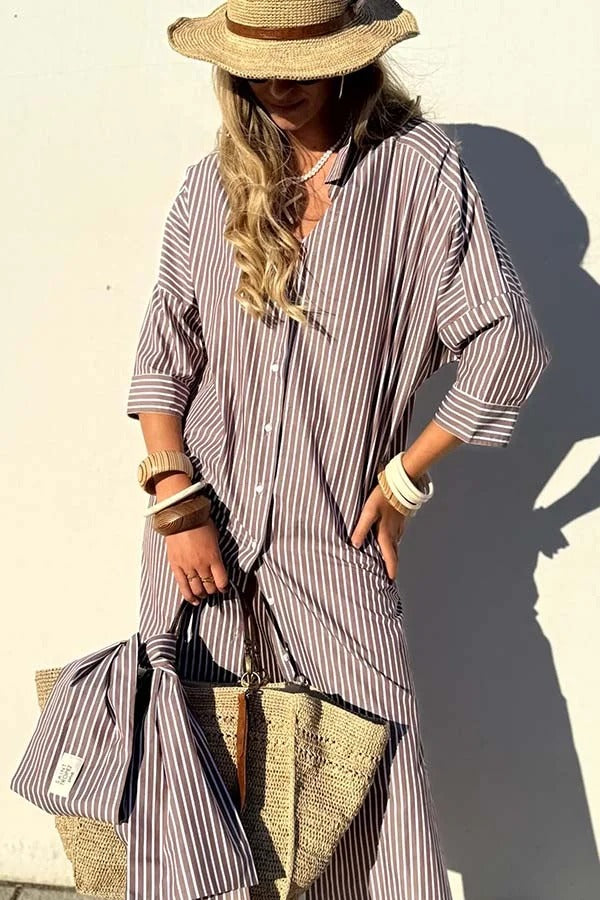 All-match Striped Button Up Half Sleeve Belted Pocket Shirt Midi Dress