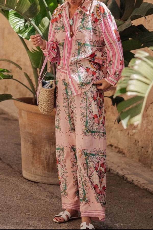 Printed Button Up Shirt and Pants Set