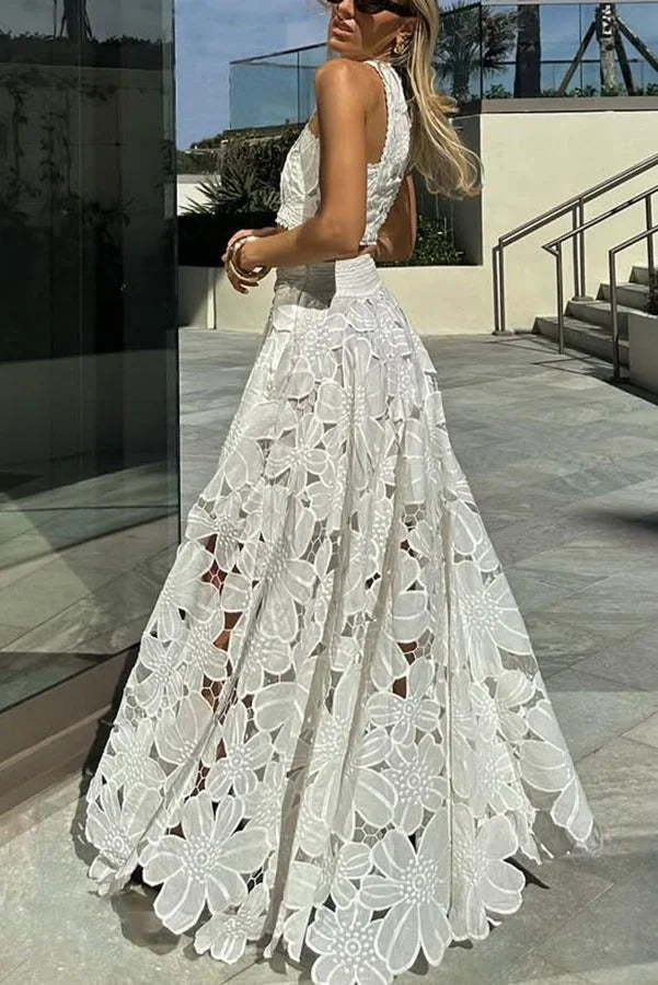 Next Trip Floral Embroidery Crochet Lace Elastic Waist Pocket Maxi Skirt