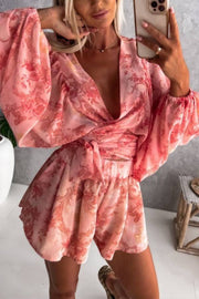 Printed lantern sleeve fitted waist jumpsuit shorts