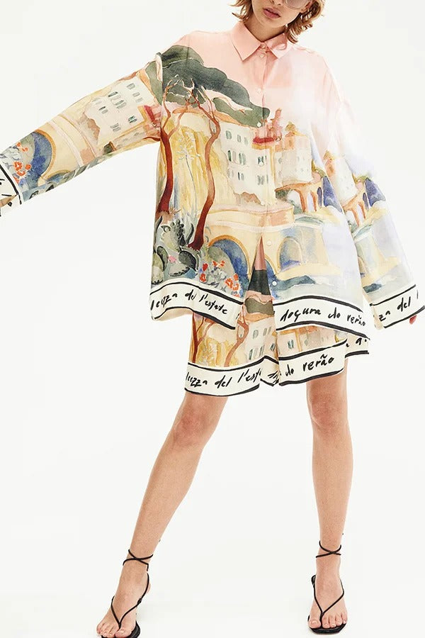 Unique Print Lapel Long Sleeve Loose Shirt and Elastic Waist Casual Pocket Shorts Set