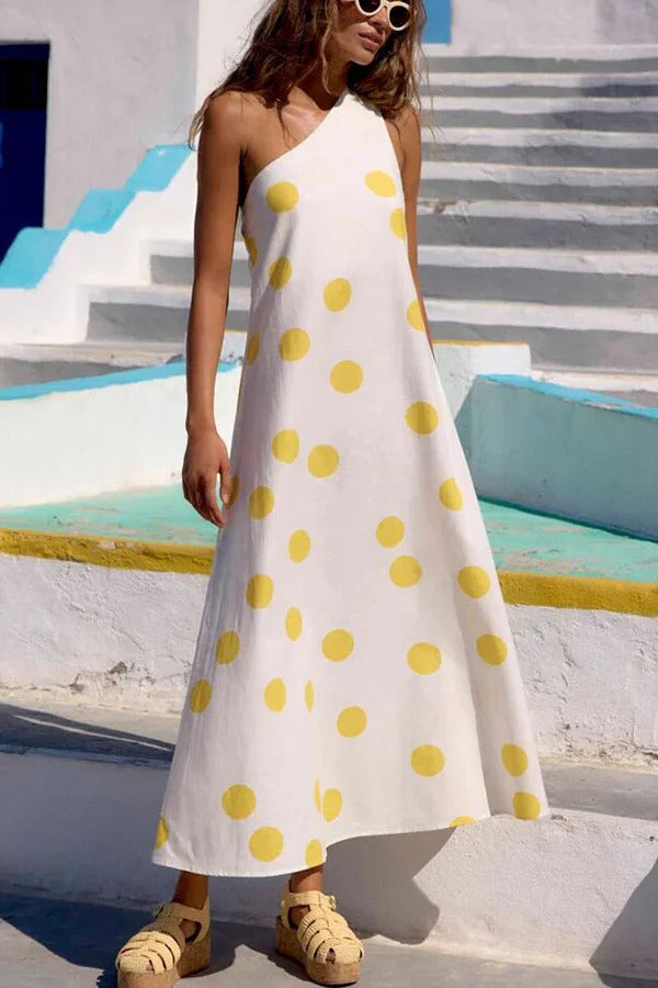 Sunlight Shines Linen Blend Colorblock Polka Dot Print One Shoulder A-line Maxi Dress