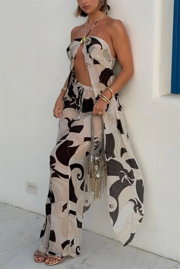 Adrenia Unique Print Metal Starfish Front Slit Halter Tank and Elastic Waist Loose Pants Set