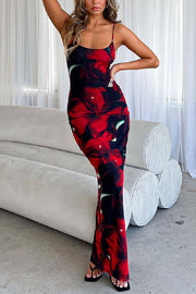 U Neck Hibiscus Print Bodycon Maxi Cami Dress