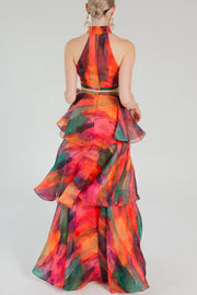 Playful Silhouette Tulle Aquarelle Print Crop Tank and Tiered Maxi Skirt Set