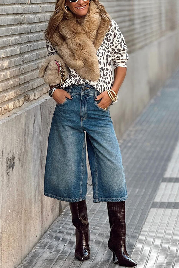 leopard print crew neck long sleeve sweater