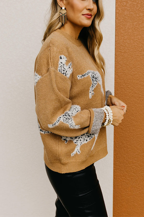 Camel Color Animal Print Drop Shoulder Knit Sweater