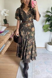 V Neck Puff Short Sleeves Floral Print Midi Dress