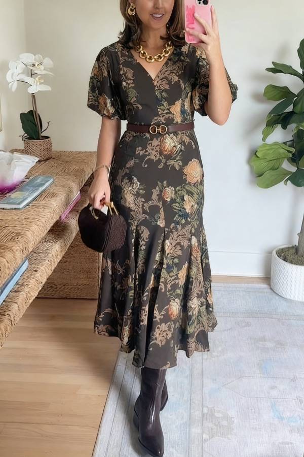 V Neck Puff Short Sleeves Floral Print Midi Dress