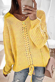 Loose V Neck Drawstring Open Back Pullover Knitted Sweater