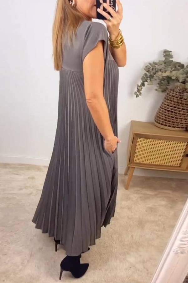 Women Pleated Simple Solid Color Dress