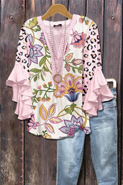 Retro-print ruffled bell sleeve V-neck top