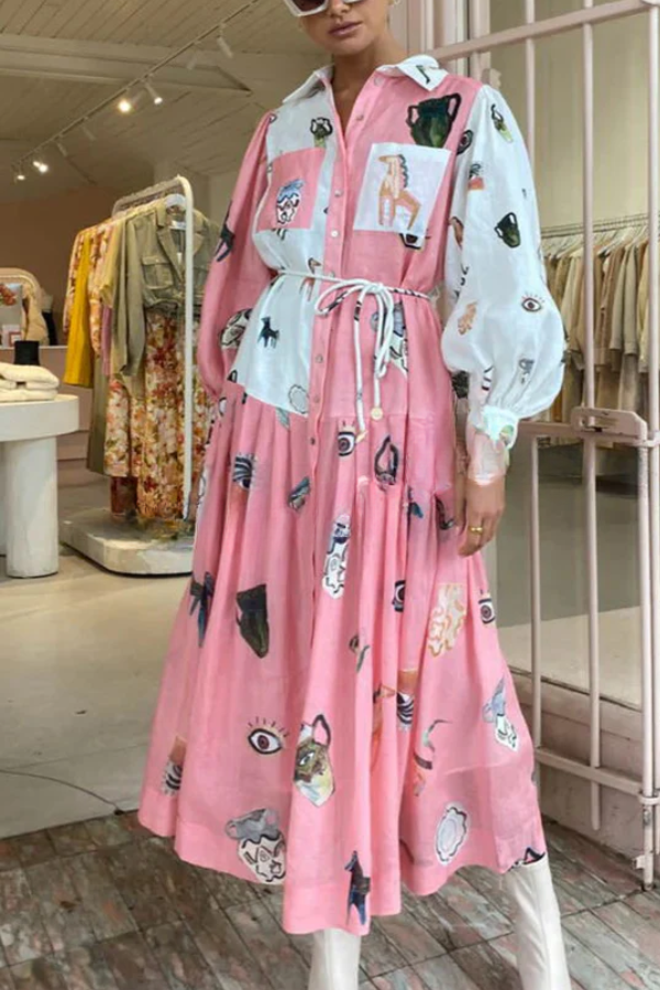 Playful Design Unique Print Balloon Sleeve Pocket Belt Shirt Midi Dress