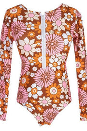 Boho Floral Long Sleeve Zipper Front Rash Guard One-piece Swimsuit Regular price