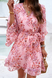 Printed V-neck lantern sleeve fitted waist dress