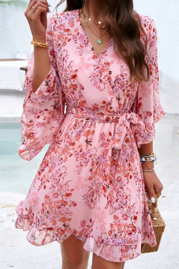Printed V-neck lantern sleeve fitted waist dress