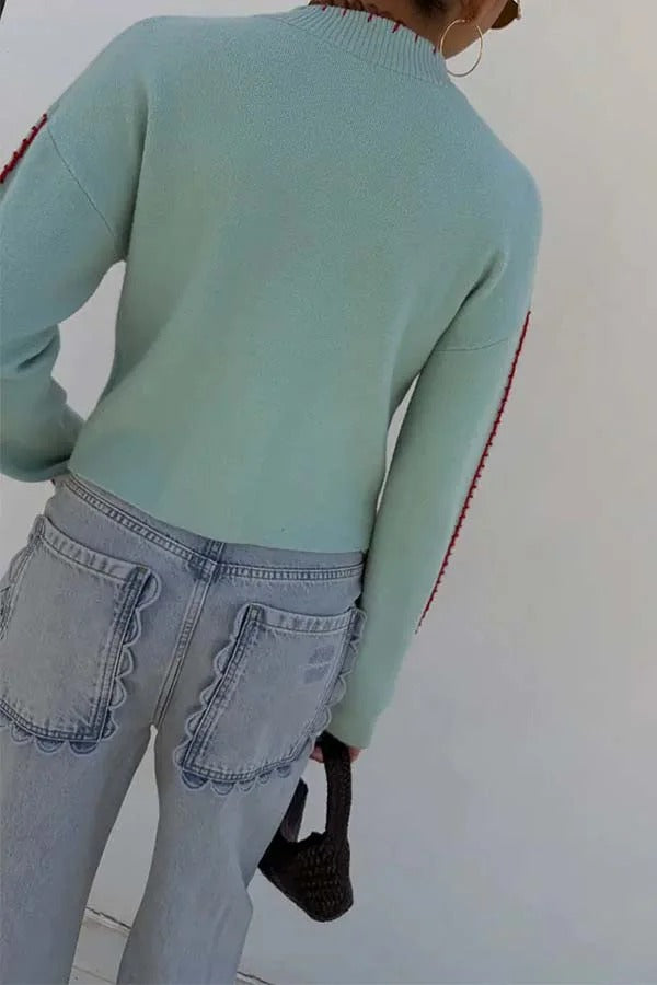 Coastal Fashion Knit Octopus Graphic Contrast Piping Button Up Loose Cardigan