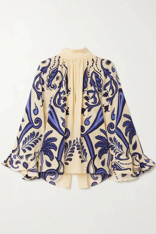 Exquisite Tie-Waisted Cutout Print Satin Loose-Fit Shirt