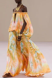 Gorgeous 70s Dream Tie-dye Print Off Shoulder Braid Cutout Detail Drape Maxi Dress