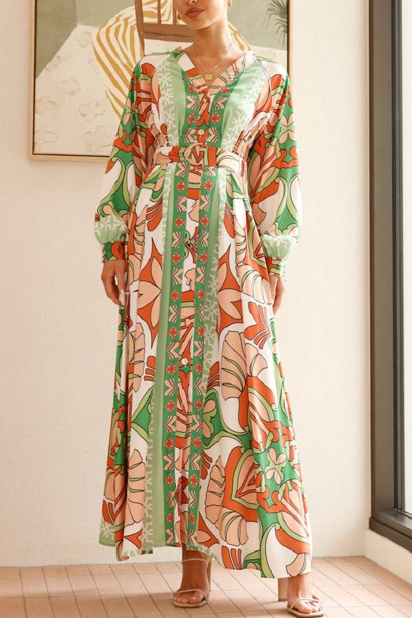 Autumn Maxi Dress - Orange/Green Print