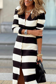 Black and white striped slim v-neck knitted dress