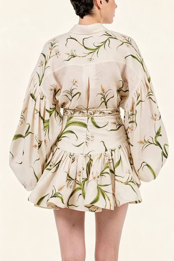 Botanical Print Puff-Sleeve Blouse & Ruffled Skirt Set