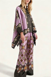 Satin Unique Print Loose Batwing Sleeve Top and Elastic Waist Pocket Casual Wide-leg Pants Set