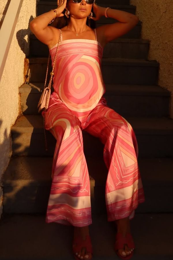 Caroline Satin Unique Print Scarf Tank and Elastic Waist Wide Leg Pants Set