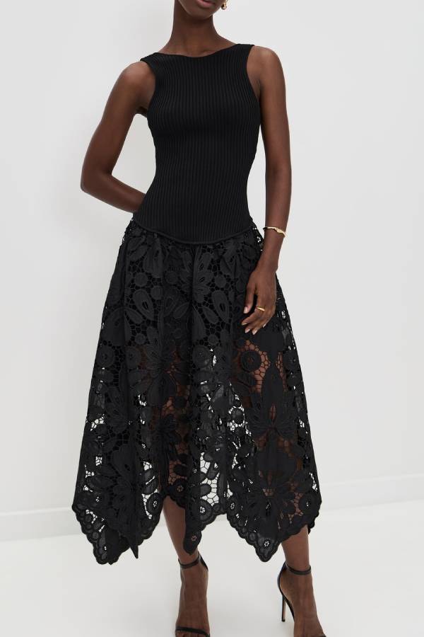 Sleeveless Rib Knit Lace Asymmetric Midi Dress