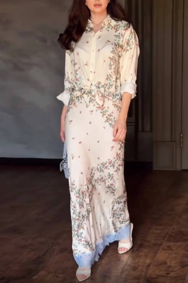 Beige Floral Print Shirt & Lace Hem Maxi Skirt 2 Piece Outfit