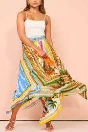 Summer Destination Satin Unique Print Elastic Waist Irregular Hem Maxi Skirt