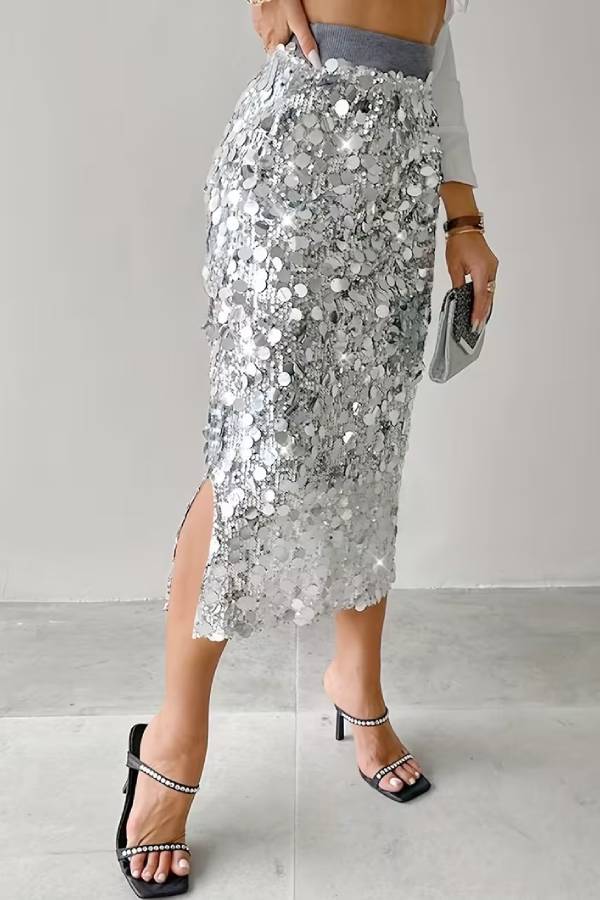 Silver Sequin Bodycon Midi Skirt