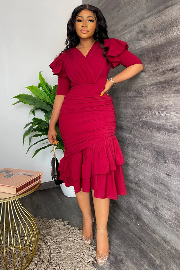 SHORT SLEEVE IRREGULAR RUFFLE MIDI DRESSES